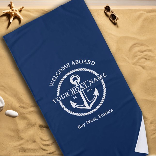 Nautic Navy Blue Willkommensschiff Name Anchor Strandtuch (Nautical Navy Blue Welcome Aboard Boat Name Anchor Beach Towel)