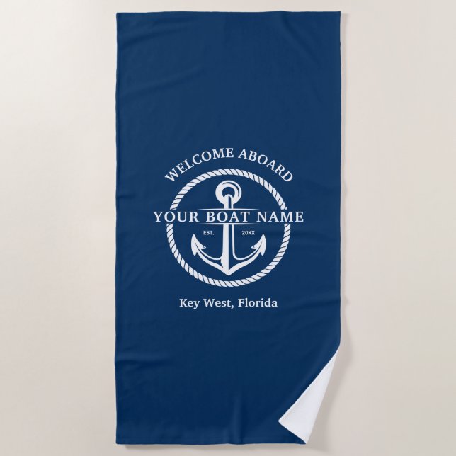 Nautic Navy Blue Willkommensschiff Name Anchor Strandtuch (Vorderseite)