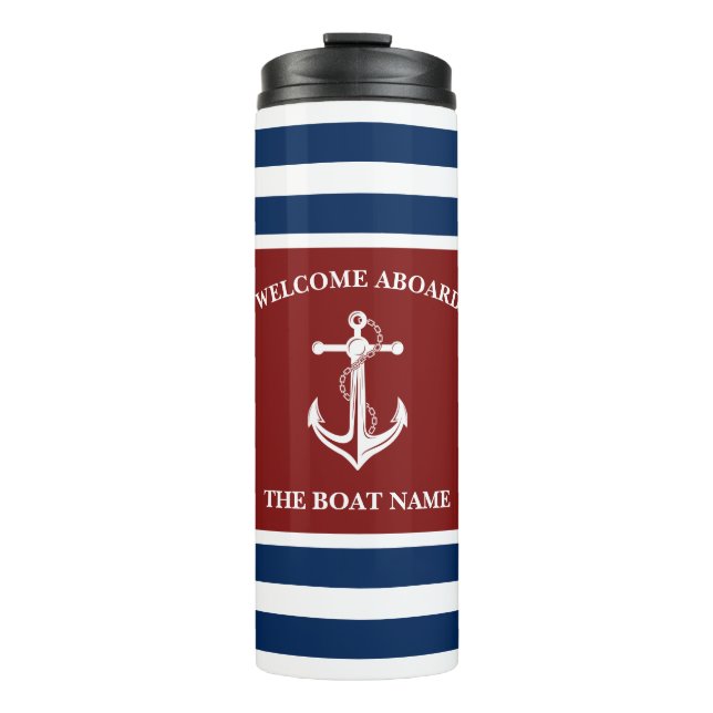 Nautic Navy Blue Willkommensschiff Name Anchor Thermosbecher (Vorderseite)