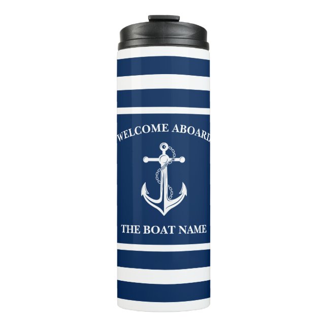 Nautic Navy Blue Willkommensschiff Name Anchor Thermosbecher (Vorderseite)