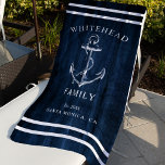 Nautic Navy Blue Wood Custom Family Anchor Strandtuch<br><div class="desc">Das nautische Strandtuch ist mit einem Anker und Streifen im Stil eines Küstenschiffes ausgestattet. Personalisieren Sie den benutzerdefinierten Text mit einem Familiennamen   Familie (oder einem anderen Titel) mit dem Jahr festgelegt und Ort.</div>