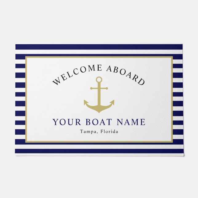 Nautic Navy Gold Willkommen auf dem Schiff Name An Fußmatte (Vorderseite)