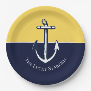 Nautic Navy Mustard Yellow Anchor Beach House Pappteller