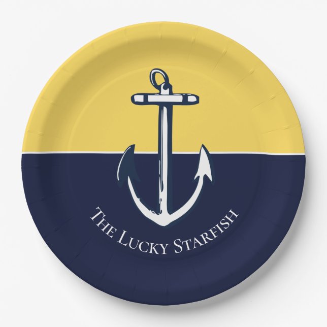 Nautic Navy Mustard Yellow Anchor Beach House Pappteller (Vorderseite)