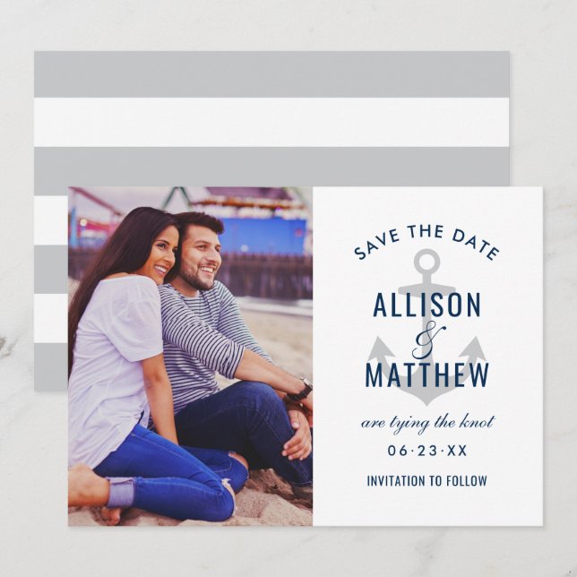 Nautic Navy Platinum Gray Anchor Wedding Foto Save The Date (Vorne/Hinten)