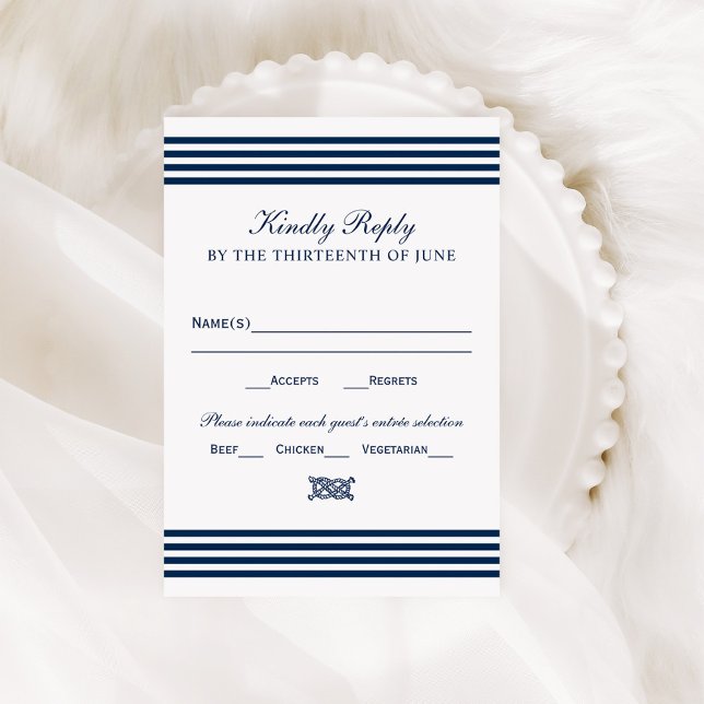 Nautic Navy Rope Knot Stripes Wedding RSVP Karte (Von Creator hochgeladen)