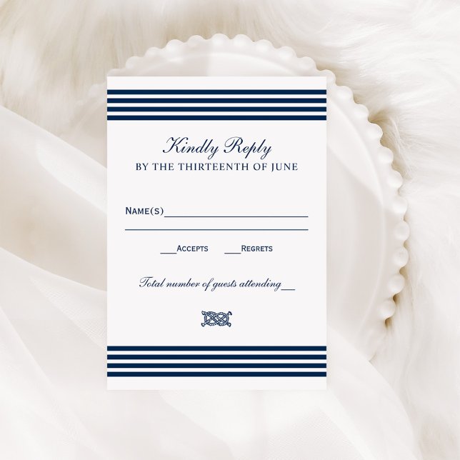 Nautic Navy Rope Knot Stripes Wedding RSVP Karte (Von Creator hochgeladen)