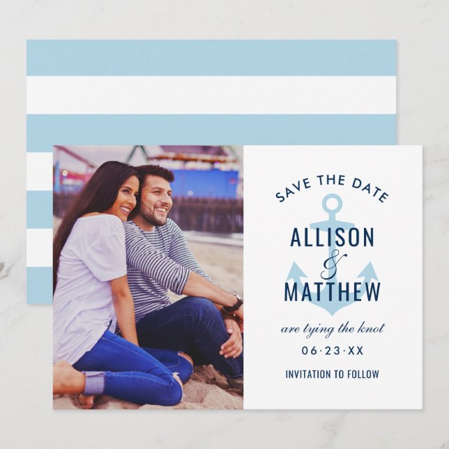 Nautic Navy Sky Blue Anchor Wedding Foto Save The Date (Vorne/Hinten)
