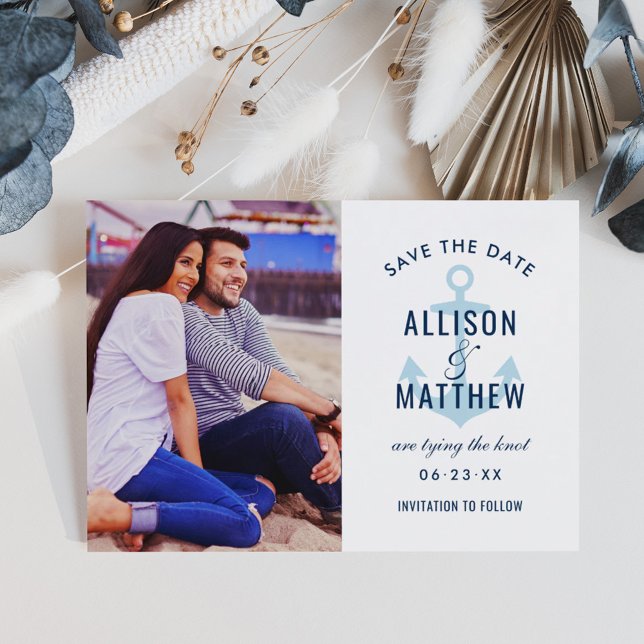 Nautic Navy Sky Blue Anchor Wedding Foto Save The Date (Von Creator hochgeladen)