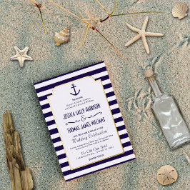 Nautic Navy & White Stripe Anchor Wedding Real F Folieneinladung