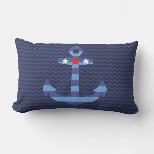 Nautic Navy Zickzack | Blauer Anker Kissen Für Draußen (Vorderseite)