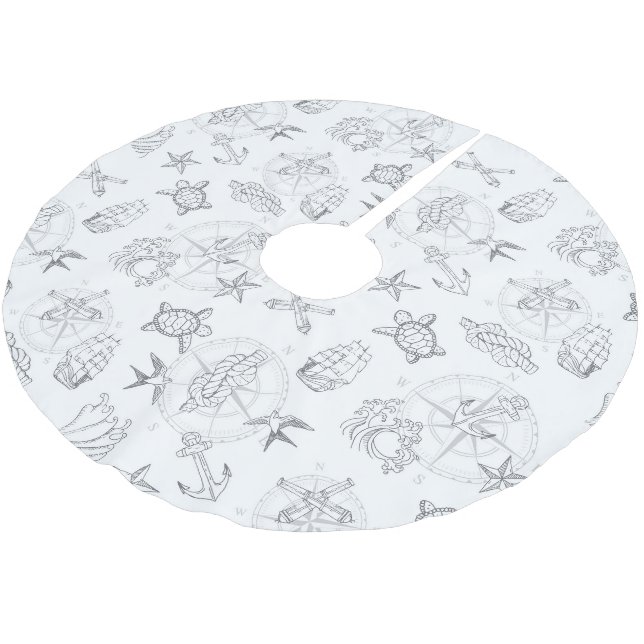 Nautic Old Sailor Tattoos Gemustert Grau Polyester Weihnachtsbaumdecke (Schrägansicht)