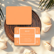 Nautic Orange White Anchor Stripes Wedding RSVP