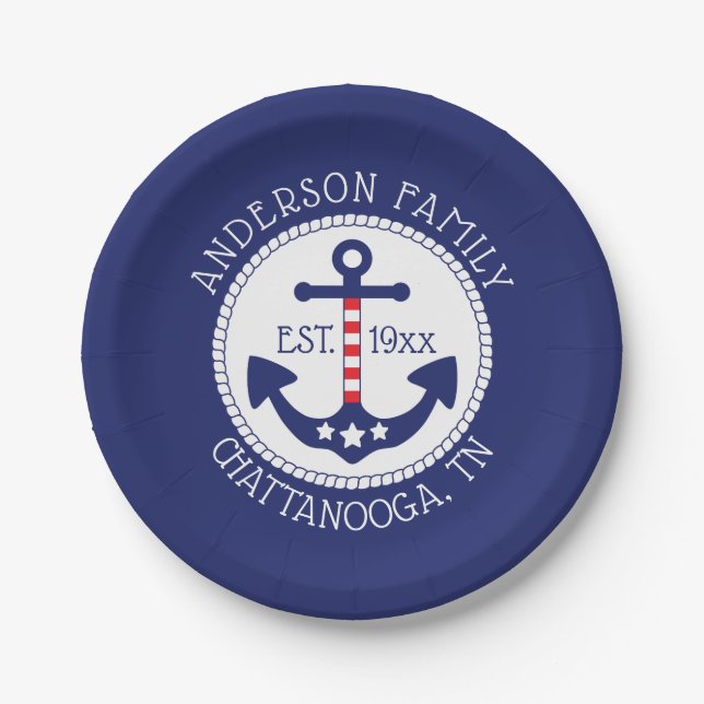 Nautic Patriotic Anchor Familienname Pappteller (Vorderseite)