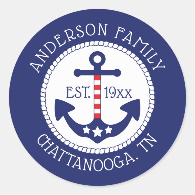 Nautic Patriotic Anchor Familienname Runder Aufkleber (Vorderseite)