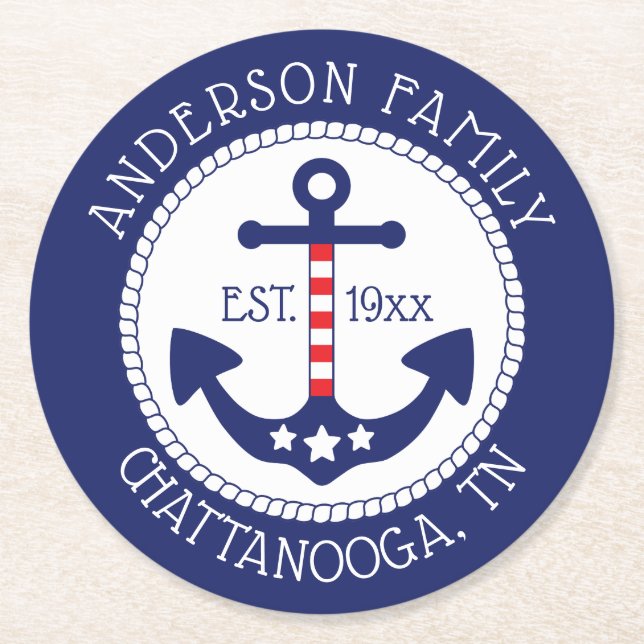 Nautic Patriotic Anchor Familienname Runder Pappuntersetzer (Vorderseite)