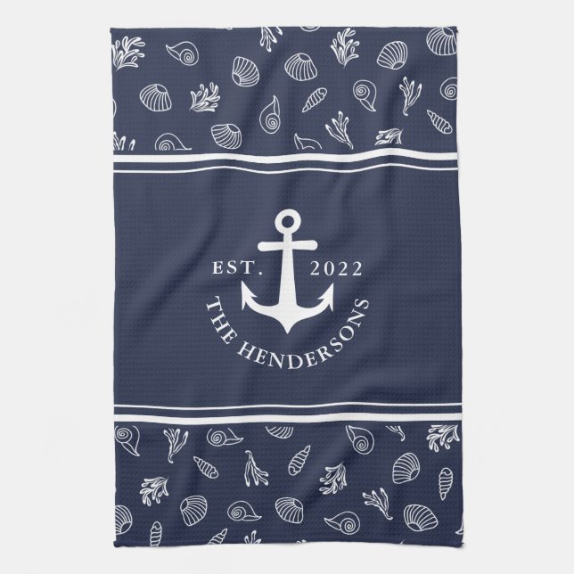Nautic Personalisiert Navy Blue Anchor Family Geschirrtuch (Vertikal)