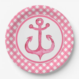 Nautic Pink Anchor Kariert Paper Teller