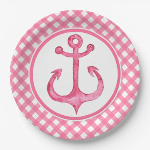 Nautic Pink Anchor Kariert Paper Teller