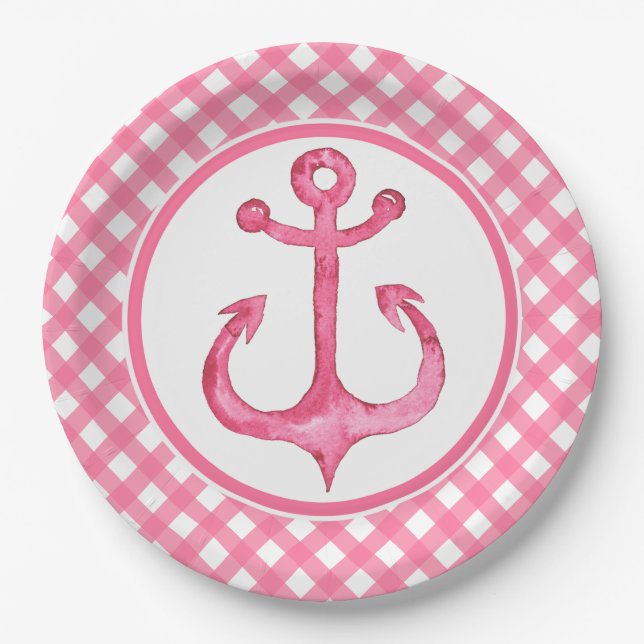 Nautic Pink Anchor Kariert Paper Teller (Vorderseite)