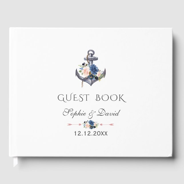 Nautic Pink Blush Blue Floral Anchor Hochzeit Gästebuch (Vorderseite)