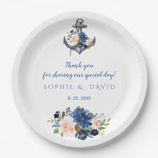 Nautic Pink Blush Blue Floral Anchor Hochzeit Pappteller (Vorderseite)