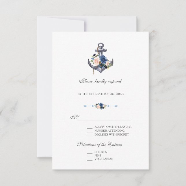 Nautic Pink Blush Blue Floral Anchor Hochzeit RSVP Karte (Vorderseite)