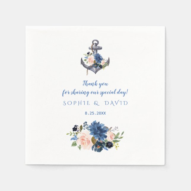 Nautic Pink Blush Blue Floral Anchor Hochzeit Serviette (Vorderseite)