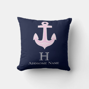 Nautic Pink Gray Anchor Coastal Mit Monogramm Kissen