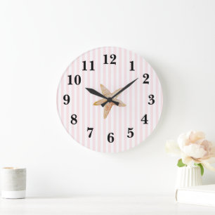 Nautic Pink Strip Preppy Starfish Large Clock Große Wanduhr