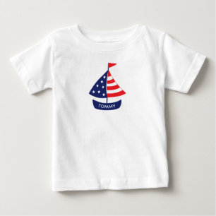 Nautic Red Blue Sailboat Personalisiert Name Baby T-shirt