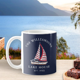 Nautic Red Sailboat Navy Blue Family Lake House Kaffeetasse