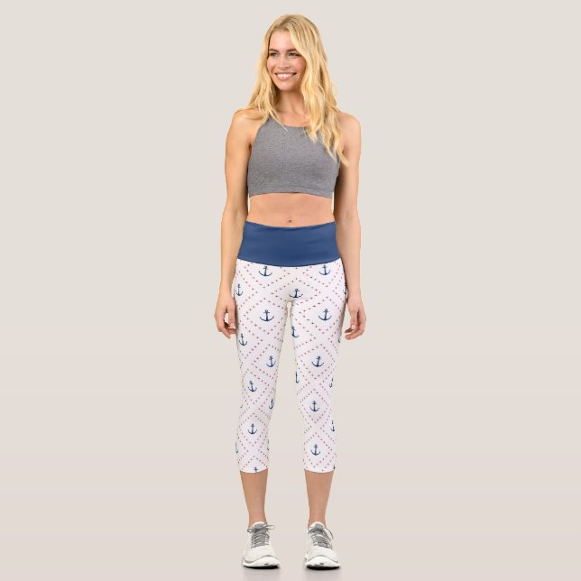 Nautic Red White Blue Anchor Muster Capri Leggings (Vorderseite)