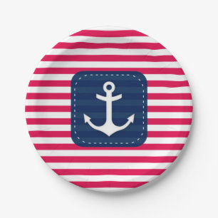 Nautic Red White Stripes Navy Blue Banner Anker Pappteller