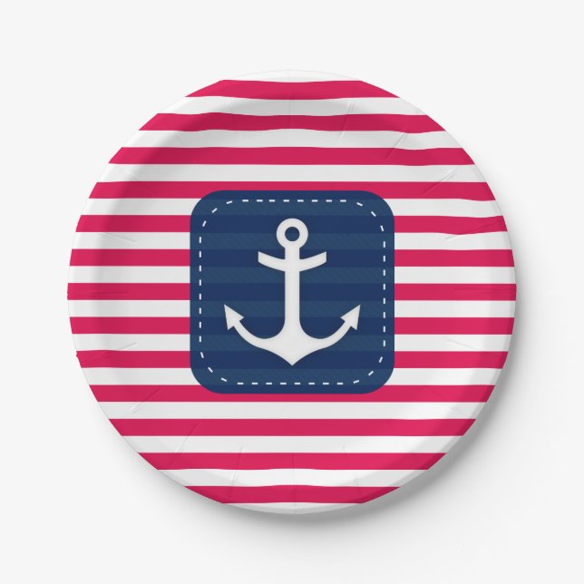 Nautic Red White Stripes Navy Blue Banner Anker Pappteller (Vorderseite)
