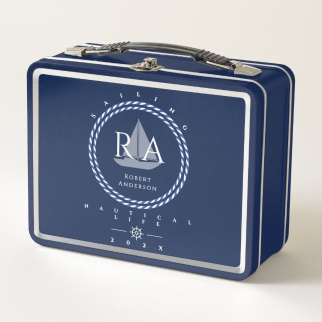 Nautic Rope Monogram Navy Metall Brotdose (Vorderseite)