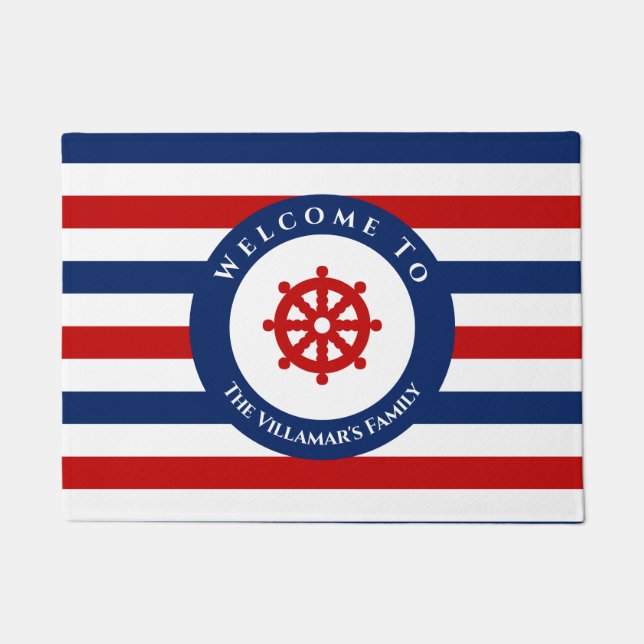 Nautic Rudder Navy Blue Red White Stripes Fußmatte (Vorderseite)