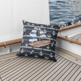 Nautic Sailboat & Anchor Navy Blue Kissen