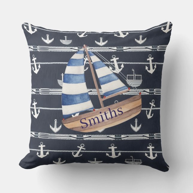 Nautic Sailboat & Anchor Navy Blue Kissen (Vorderseite)
