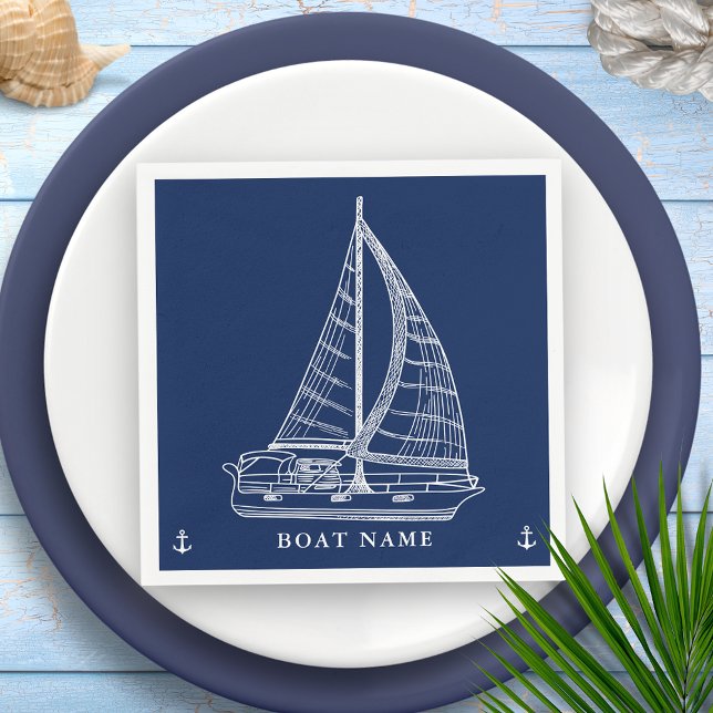 Nautic Sailboat Anchor Navy Blue White Boat Name Serviette (Von Creator hochgeladen)