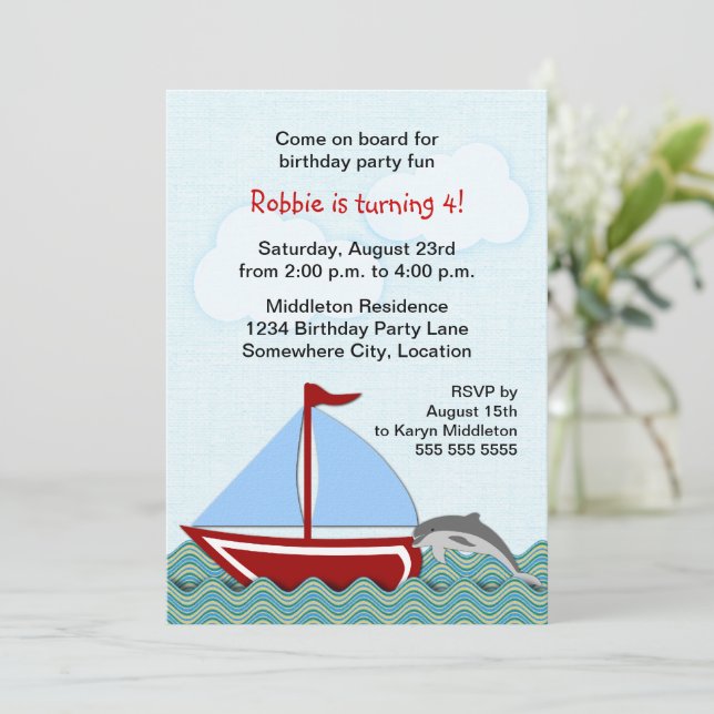 Nautic Sailboat Geburtstagsparty Einladung (Stehend Vorderseite)