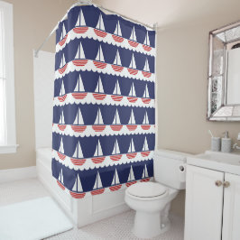 Nautic Sailboat Pattern Navy Blau und Rot Duschvorhang