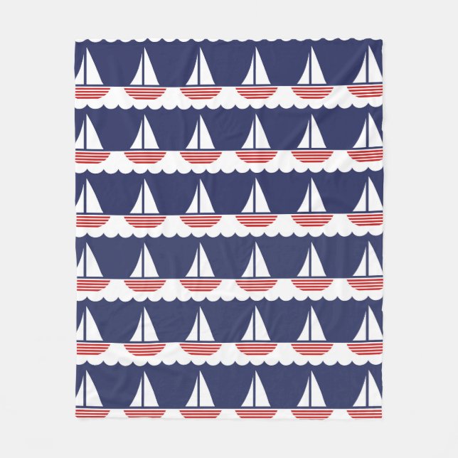 Nautic Sailboat Pattern Navy Blau und Rot Fleecedecke (Vorderseite)