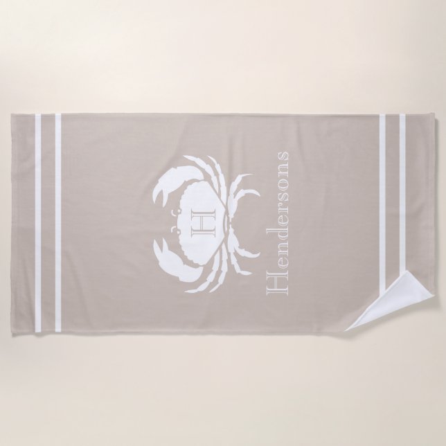 Nautic Sand Tan Taupe White Crab Monogram Name Strandtuch (Vorderseite)