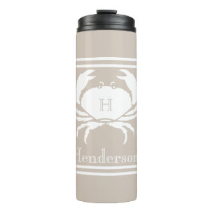 Nautic Sand Tan Taupe White Crab Monogram Name Thermosbecher