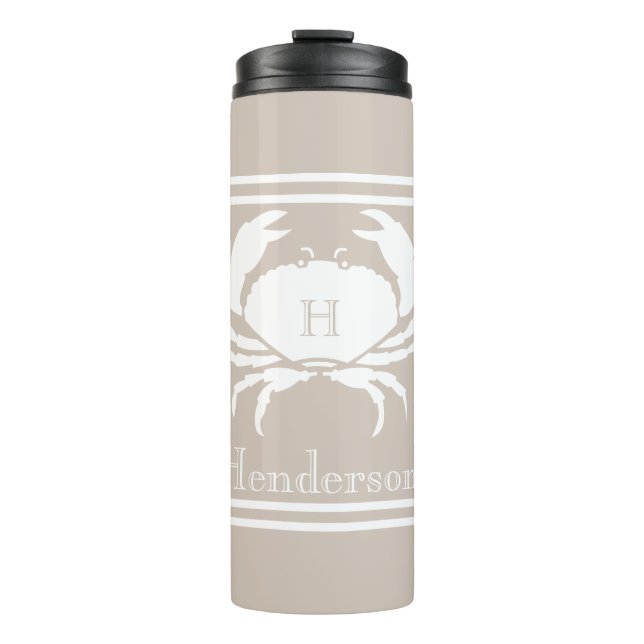 Nautic Sand Tan Taupe White Crab Monogram Name Thermosbecher (Vorderseite)