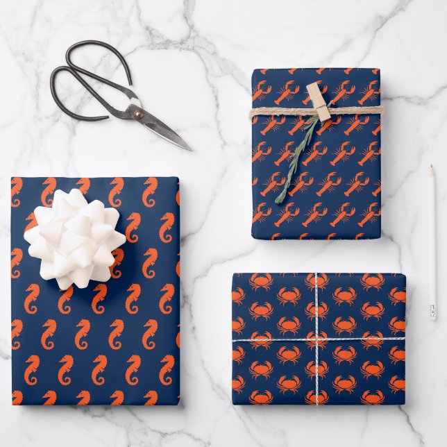 Nautic Sea Animals Muster Hummerkrabbe Seepferd Geschenkpapier Set (Vorderseite)