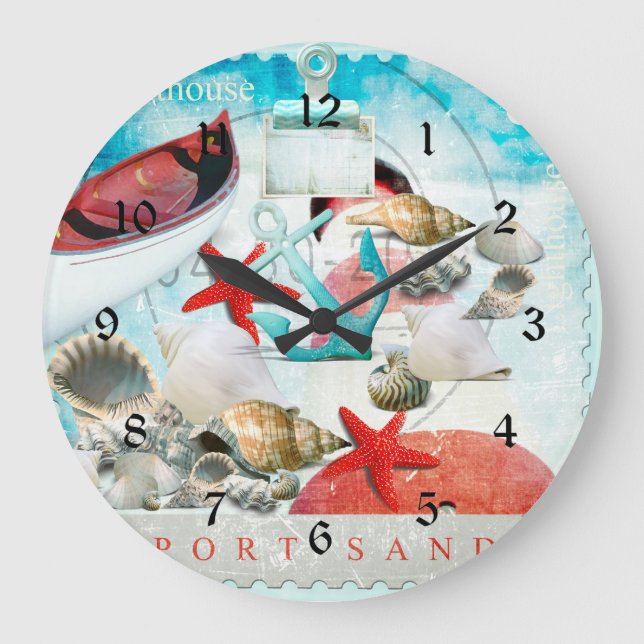 Nautic Seashells Anchor Starfish Beach Thema Große Wanduhr (Vorderseite)