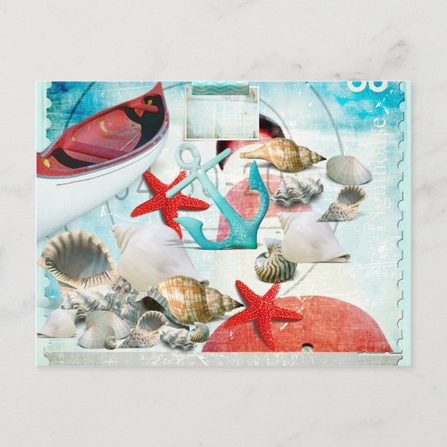 Nautic Seashells Anchor Starfish Beach Thema Postkarte (Vorderseite)