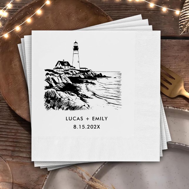 Nautic Seaside Lighthouse Dark Black Wedding Serviette (Von Creator hochgeladen)